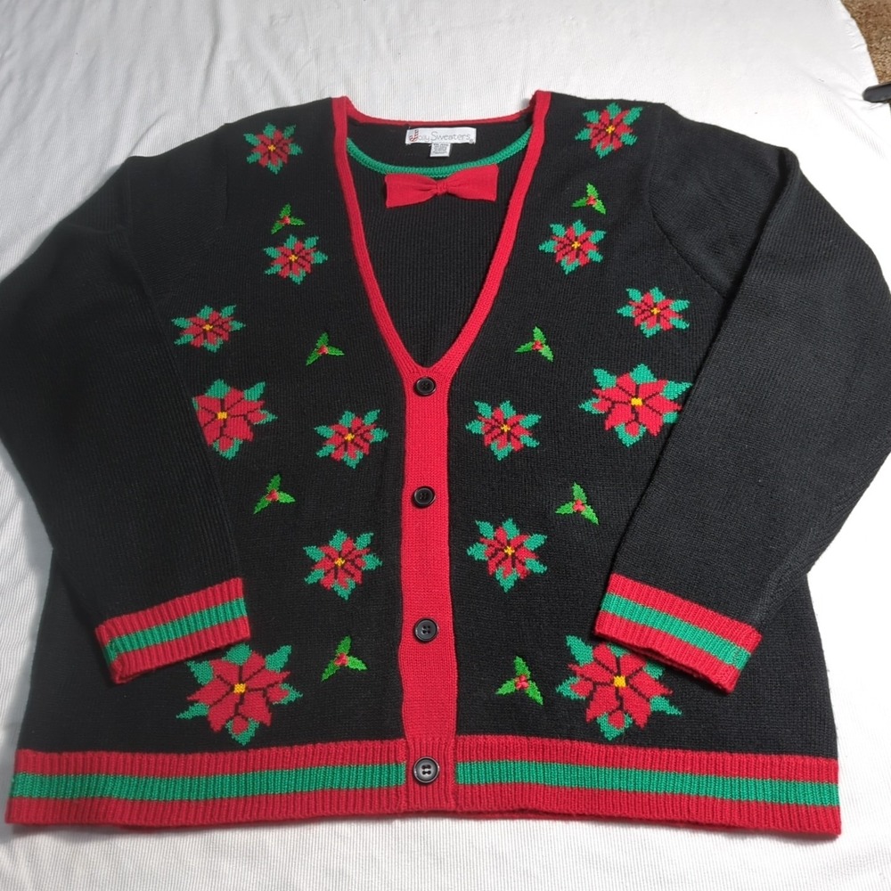 Jolly Sweaters‎ XXL Christmas Sweater Pullover  Poinsettia Bow Tie Black Red 377